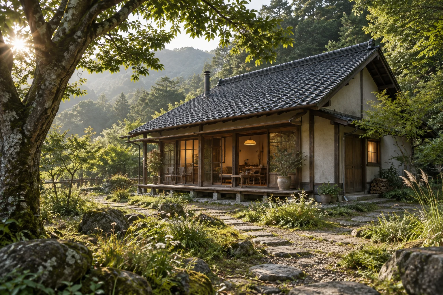 森に包まれた木の家。AI生成による架空の住宅イメージ